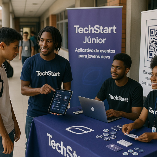 Mini evento “TechStart Meetup” em uma escola técnica.