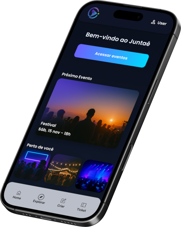 Tela inicial do aplicativo Juntaê em um smartphone